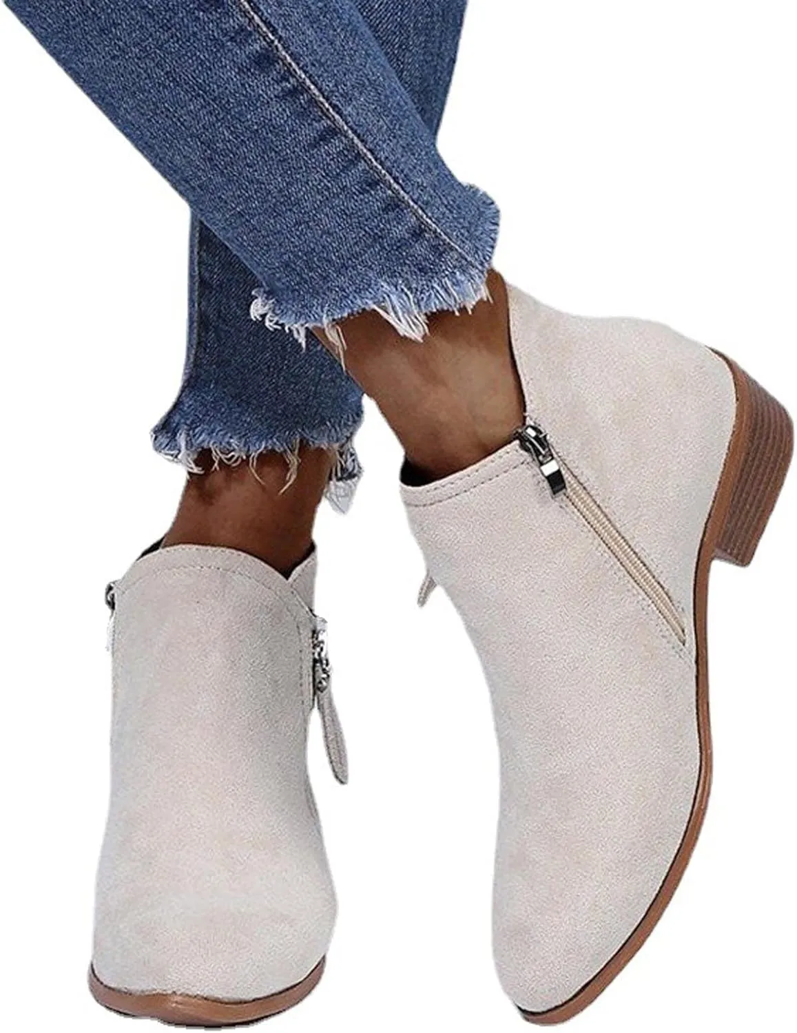 oiangi Womens Boots Fall 2022 Ankle Booties Vintage Slip on Round Toe Side Zipper Chunky Block Mid Heel Booties Solid Casual Comfy Outdoor Ladies Shoes