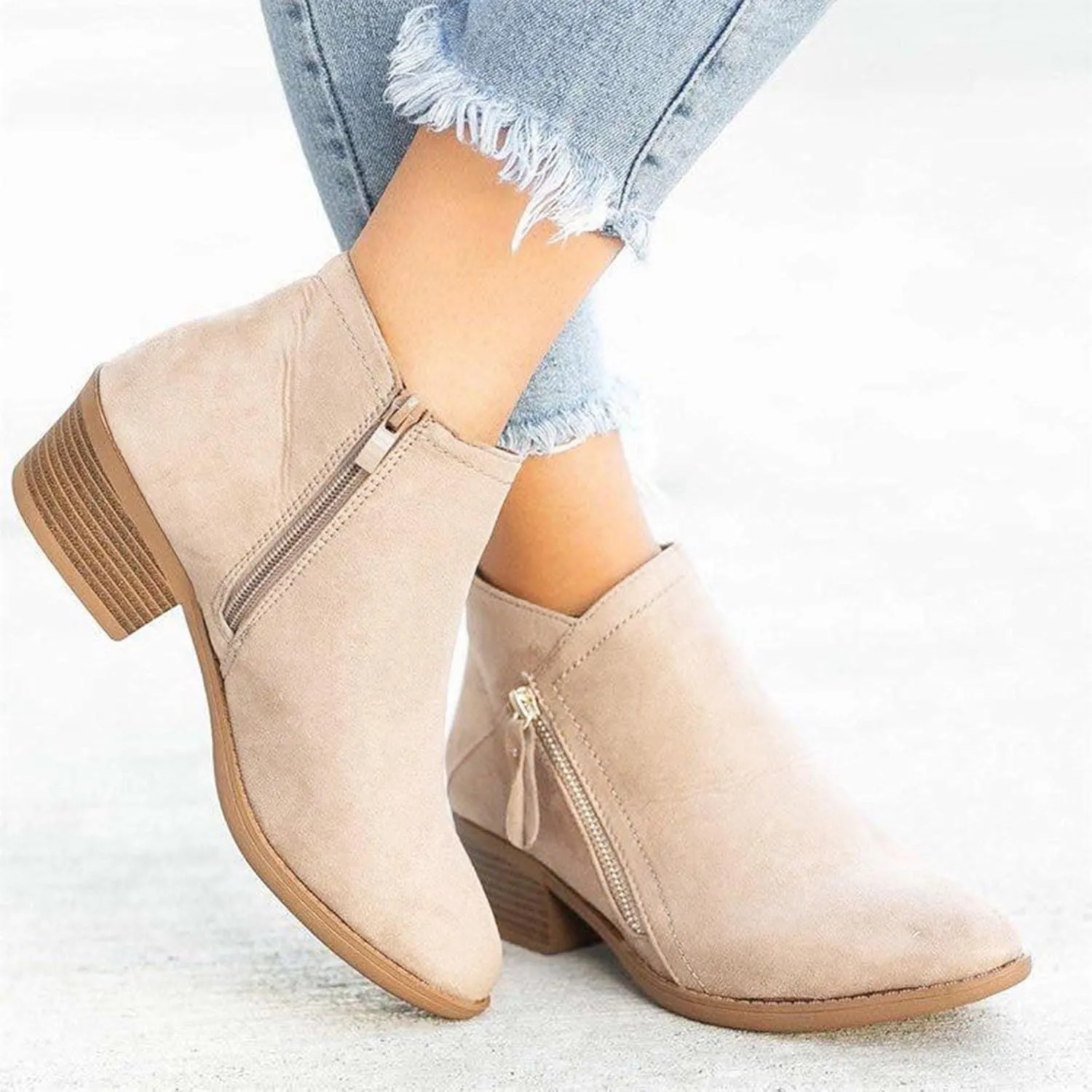 oiangi Womens Boots Fall 2022 Ankle Booties Vintage Slip on Round Toe Side Zipper Chunky Block Mid Heel Booties Solid Casual Comfy Outdoor Ladies Shoes