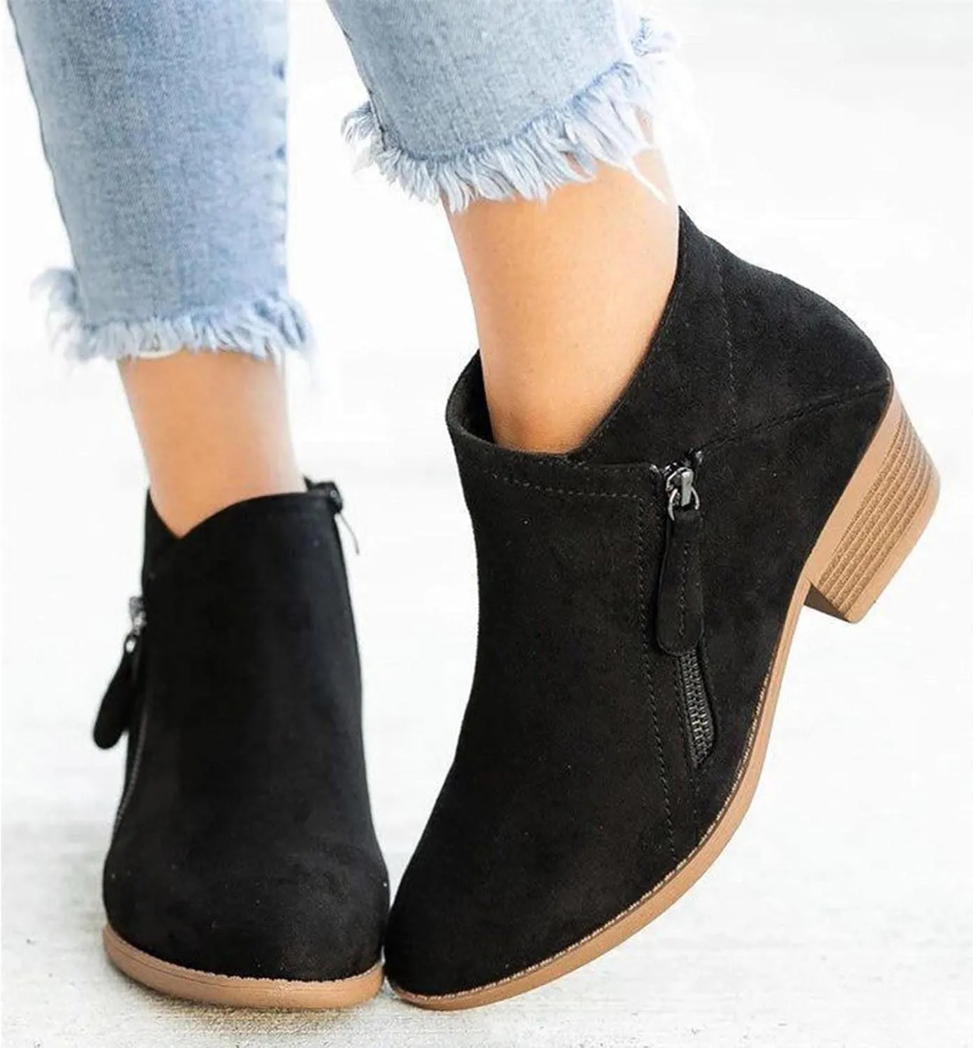 oiangi Womens Boots Fall 2022 Ankle Booties Vintage Slip on Round Toe Side Zipper Chunky Block Mid Heel Booties Solid Casual Comfy Outdoor Ladies Shoes