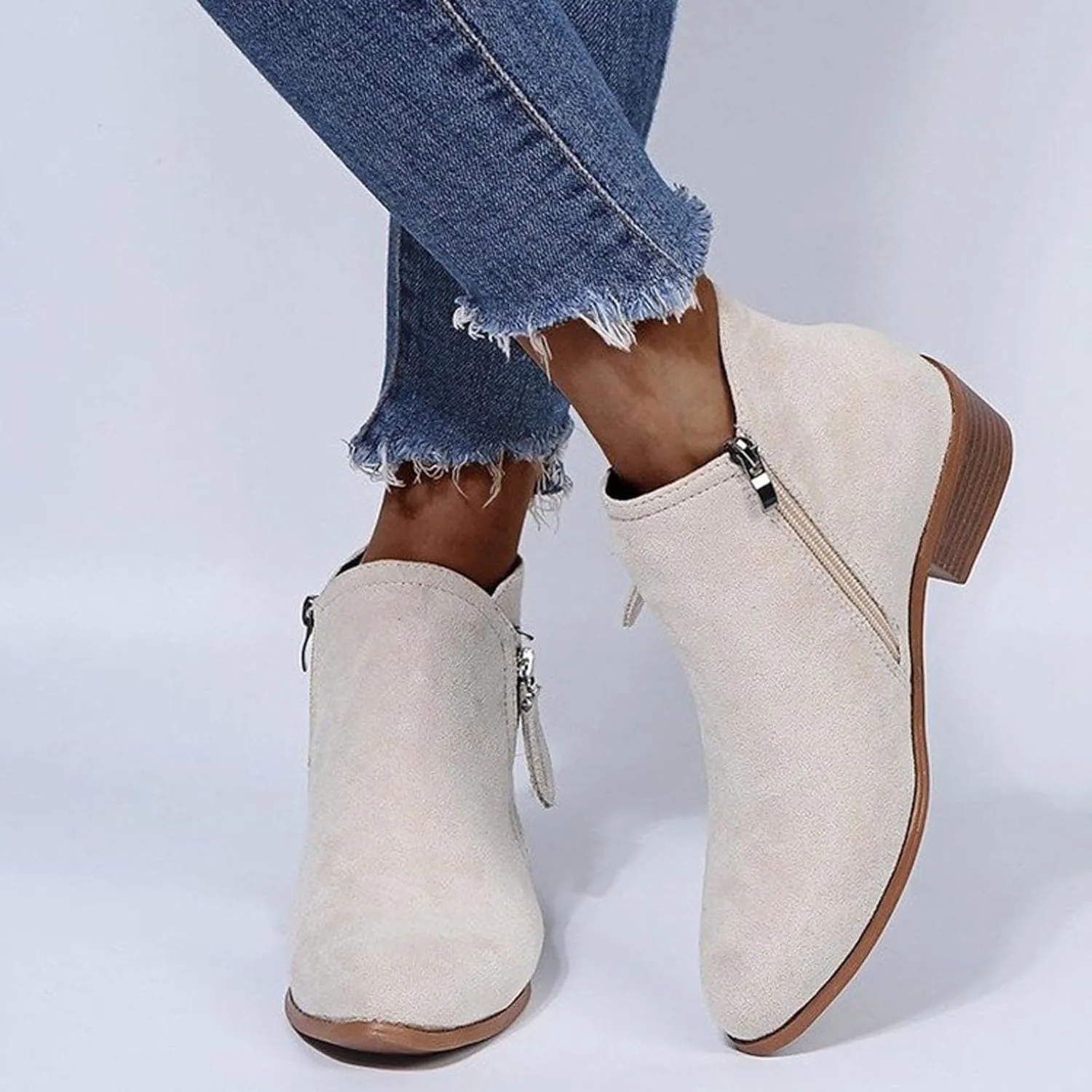 oiangi Womens Boots Fall 2022 Ankle Booties Vintage Slip on Round Toe Side Zipper Chunky Block Mid Heel Booties Solid Casual Comfy Outdoor Ladies Shoes