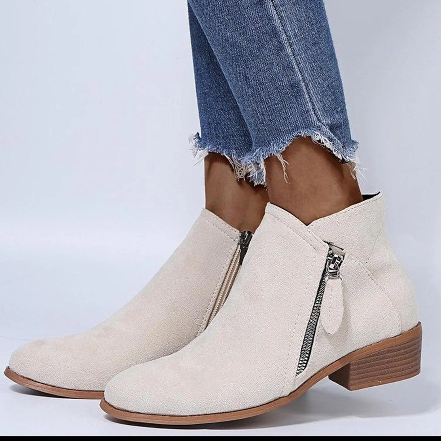 oiangi Womens Boots Fall 2022 Ankle Booties Vintage Slip on Round Toe Side Zipper Chunky Block Mid Heel Booties Solid Casual Comfy Outdoor Ladies Shoes