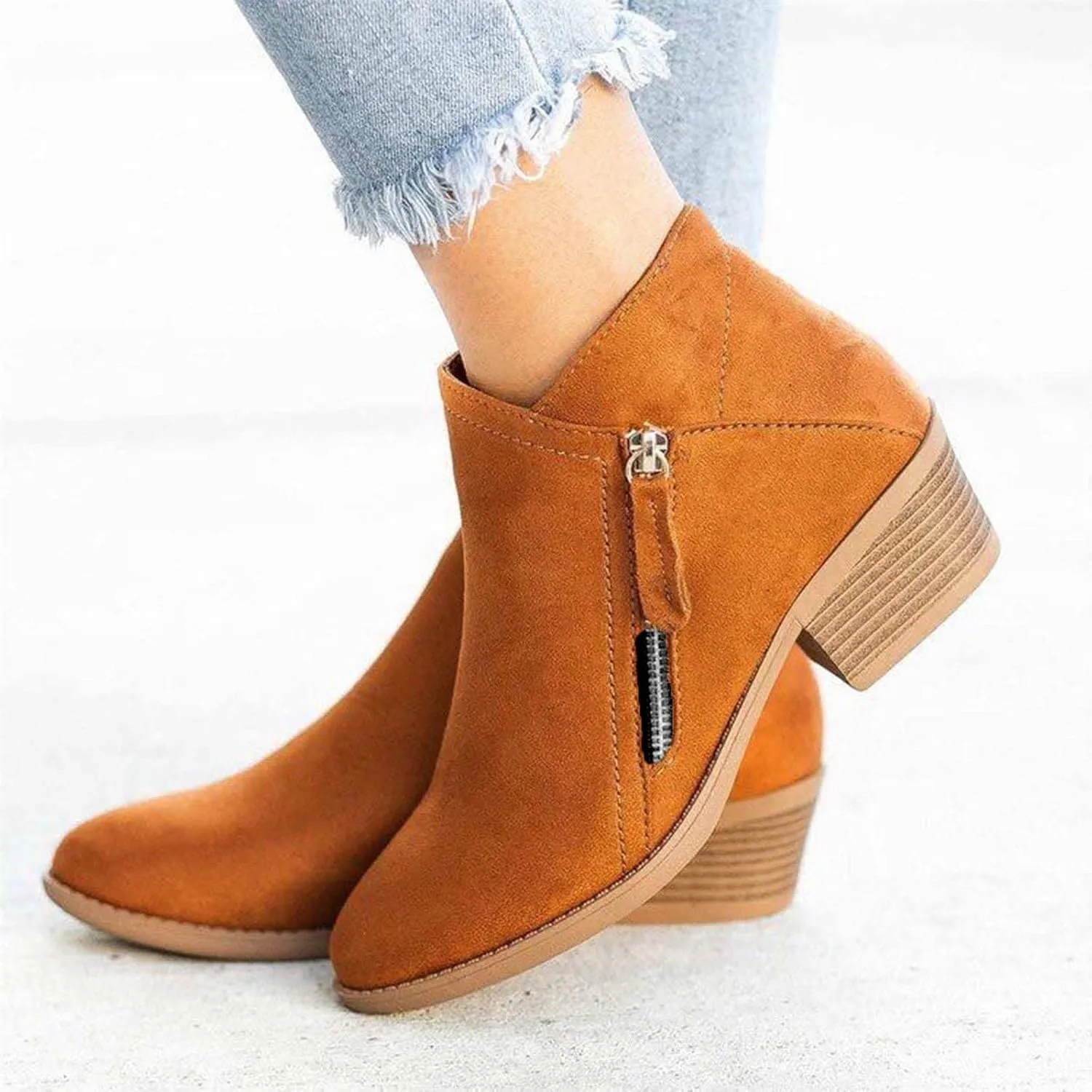 oiangi Womens Boots Fall 2022 Ankle Booties Vintage Slip on Round Toe Side Zipper Chunky Block Mid Heel Booties Solid Casual Comfy Outdoor Ladies Shoes