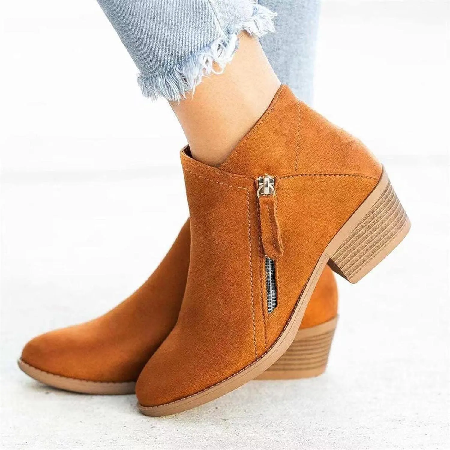 oiangi Womens Boots Fall 2022 Ankle Booties Vintage Slip on Round Toe Side Zipper Chunky Block Mid Heel Booties Solid Casual Comfy Outdoor Ladies Shoes