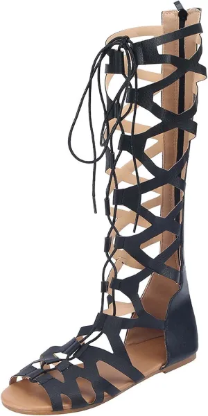 oiangi Womens Cross Strap Knee Boots Fashion Casual Open Toe Lace up Hollow Out Flats Knee High Boots Trendy Gladiator Sandals Shoes