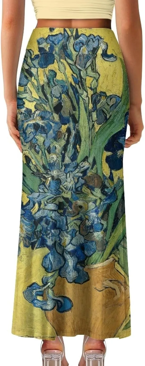 Oil Painting Printed Women's Party Long Flare Maxi Zipper Elegant Skirt High Waisted A-Link Long Maxi Skirt