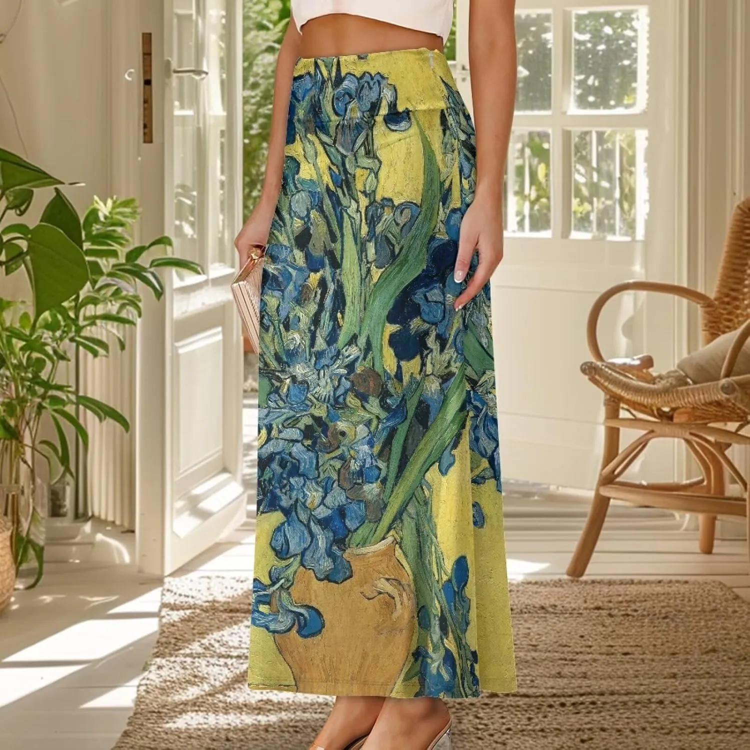Oil Painting Printed Women's Party Long Flare Maxi Zipper Elegant Skirt High Waisted A-Link Long Maxi Skirt