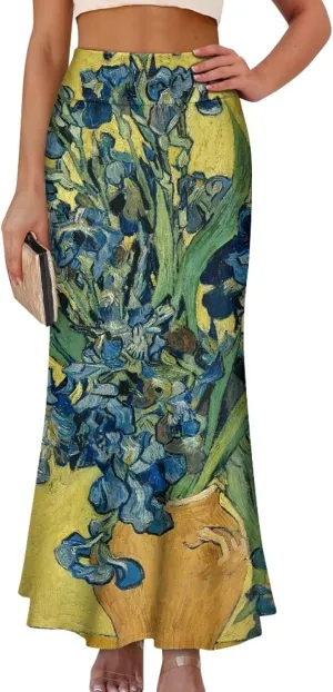 Oil Painting Printed Women's Party Long Flare Maxi Zipper Elegant Skirt High Waisted A-Link Long Maxi Skirt
