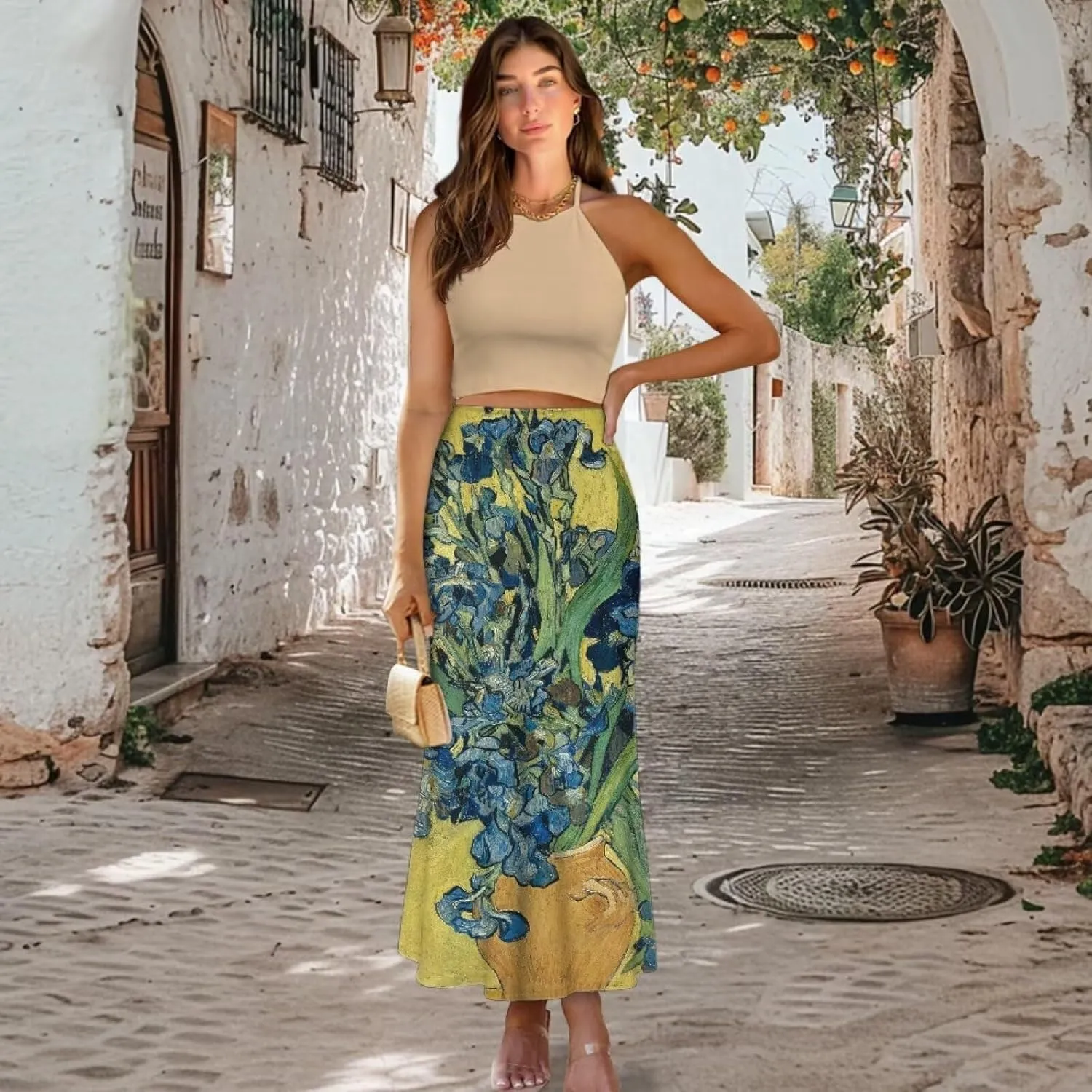 Oil Painting Printed Women's Party Long Flare Maxi Zipper Elegant Skirt High Waisted A-Link Long Maxi Skirt