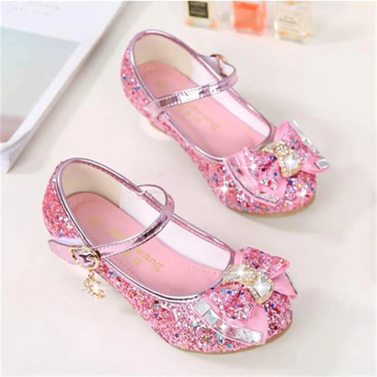 OMEARK Girls Glitter Princess Sandals High Heels Sparkly Dress Up Shoes Round Toe Sequin Bowknot Dance Shoes for Kids Toddler Ankle Strap Wedding Party Rhinestone Sandals