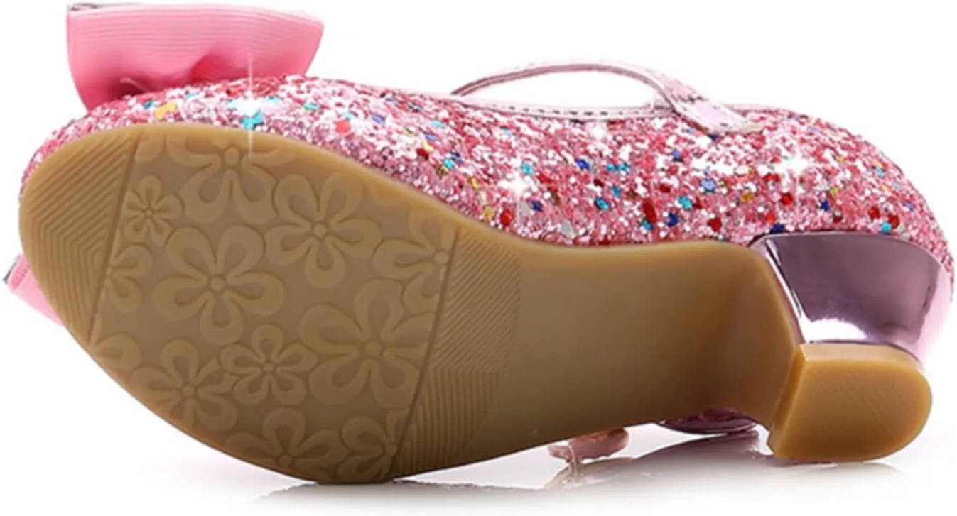 OMEARK Girls Glitter Princess Sandals High Heels Sparkly Dress Up Shoes Round Toe Sequin Bowknot Dance Shoes for Kids Toddler Ankle Strap Wedding Party Rhinestone Sandals