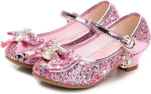 OMEARK Girls Glitter Princess Sandals High Heels Sparkly Dress Up Shoes Round Toe Sequin Bowknot Dance Shoes for Kids Toddler Ankle Strap Wedding Party Rhinestone Sandals