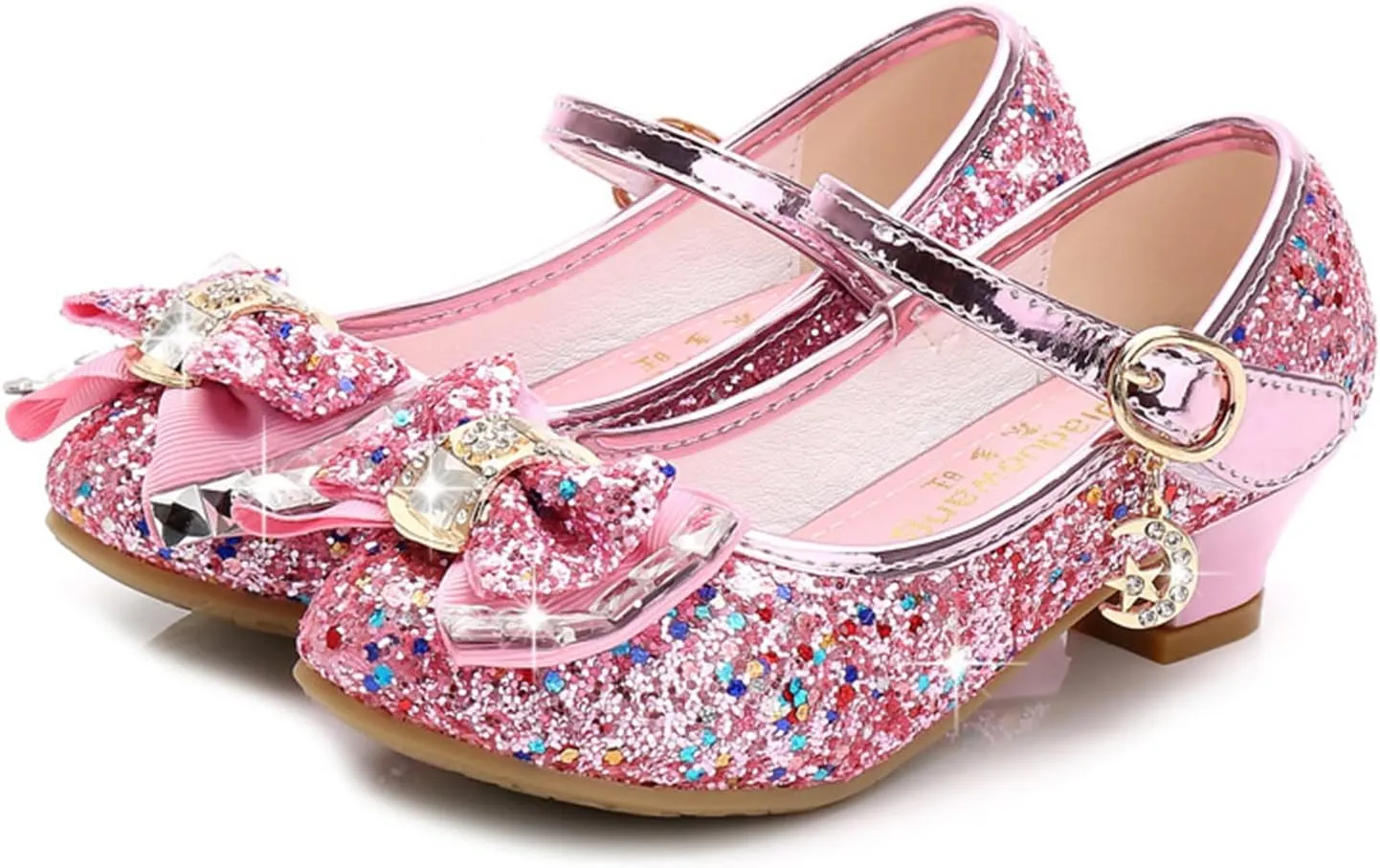 OMEARK Girls Glitter Princess Sandals High Heels Sparkly Dress Up Shoes Round Toe Sequin Bowknot Dance Shoes for Kids Toddler Ankle Strap Wedding Party Rhinestone Sandals