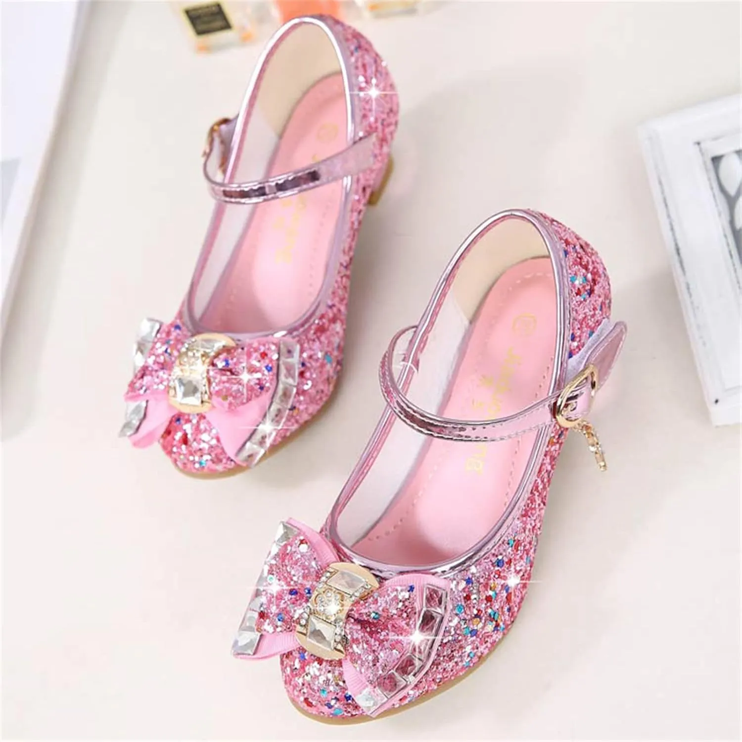 OMEARK Girls Glitter Princess Sandals High Heels Sparkly Dress Up Shoes Round Toe Sequin Bowknot Dance Shoes for Kids Toddler Ankle Strap Wedding Party Rhinestone Sandals