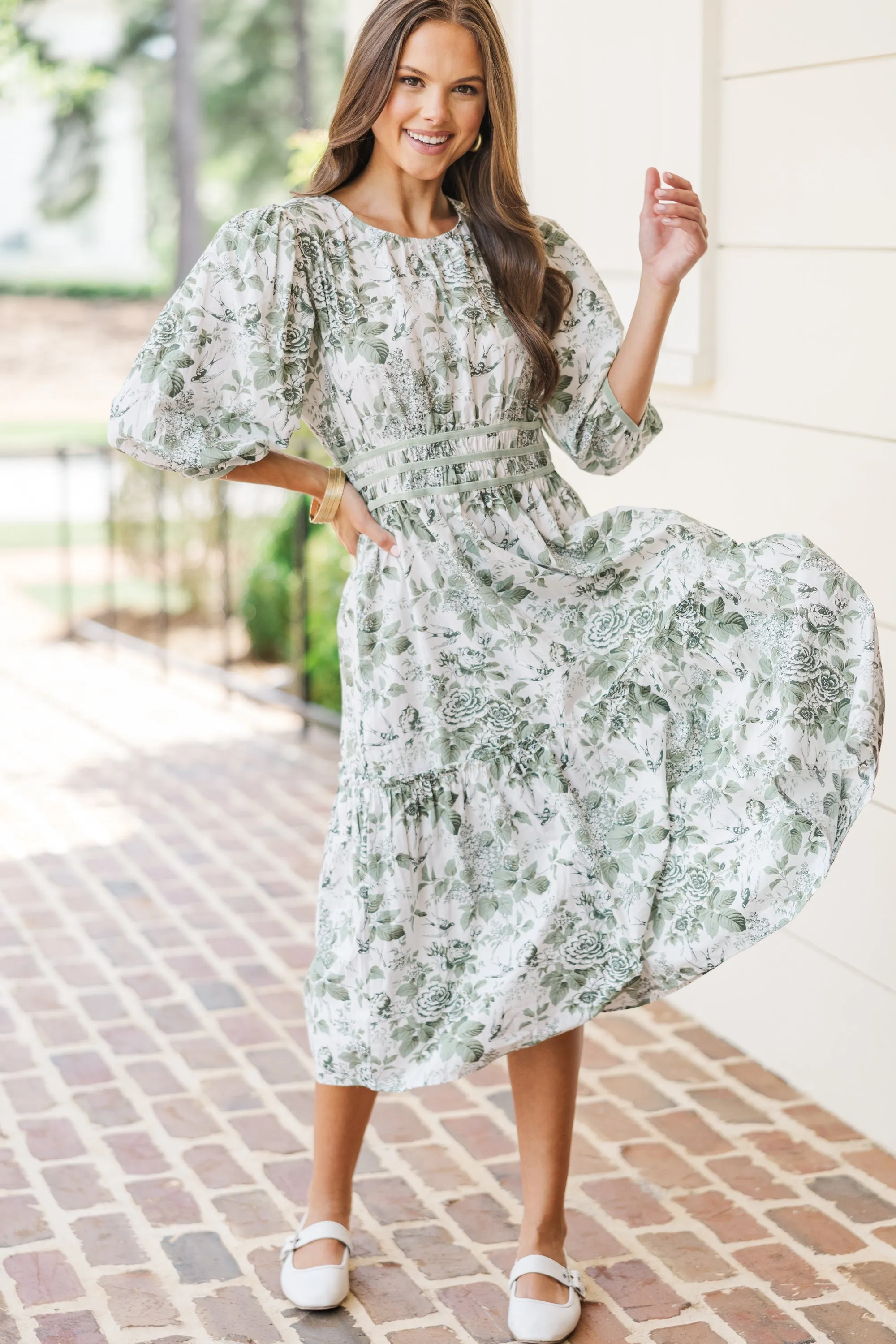 On The Trails Sage Green Floral Midi Dress