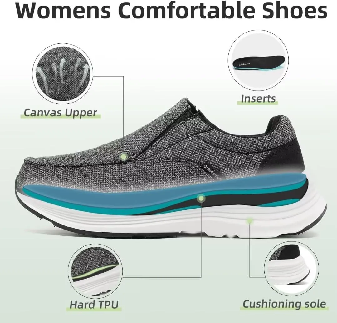 OrthoComfoot Women's Orthopedic Slip-On Loafers Walking Shoes: Comfortable Plantar Fasciitis Loafers with Arch Support for Flat Feet, Casual Orthotic Shoes for Foot and Heel Pain Relief