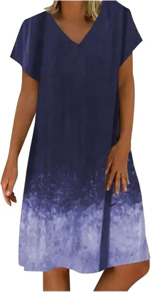 Otime Womens Skirts Summer Fashionable Casual Short Sleeved V-Neck Retro Printed Soft Long Skirts for Women