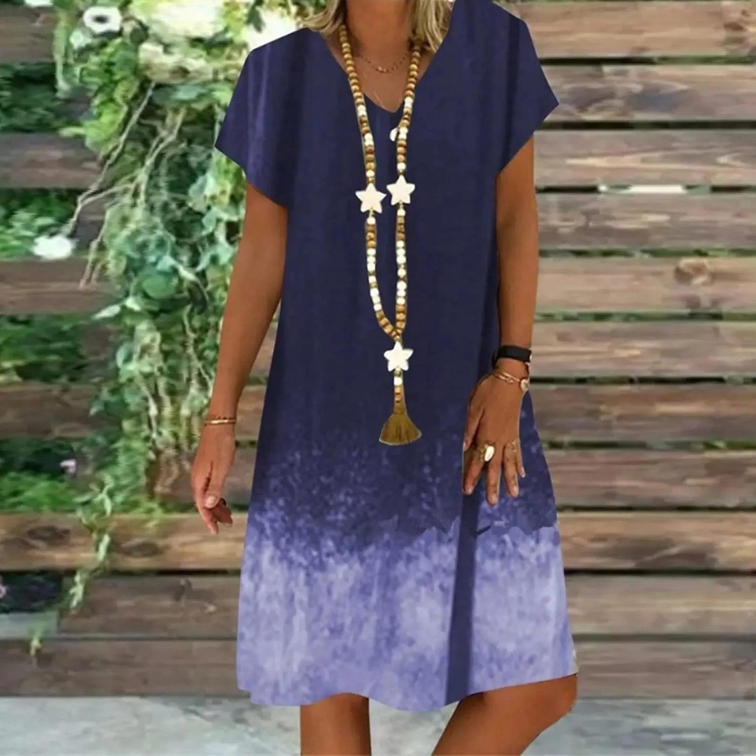 Otime Womens Skirts Summer Fashionable Casual Short Sleeved V-Neck Retro Printed Soft Long Skirts for Women
