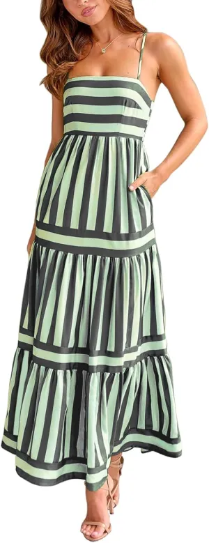 Owl's-Yard Women’s Striped Long Dress Summer Sleeveless Spaghetti Strap Front Pocket Dress Flowy Beach Sundress Clubwear