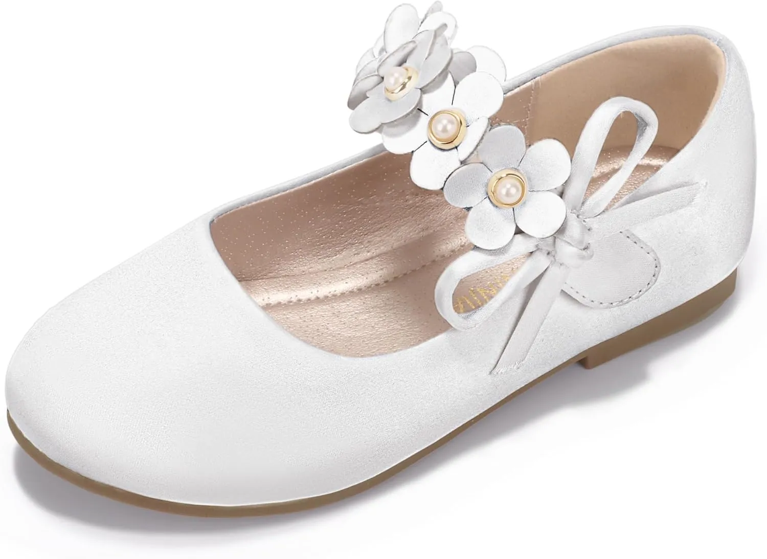 PANDANINJIA Toddler Girls Dress Shoes Flower Girl Flats Pearls Bow Mary Jane Wedding Party Flora Shoes