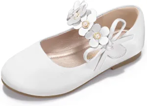 PANDANINJIA Toddler Girls Dress Shoes Flower Girl Flats Pearls Bow Mary Jane Wedding Party Flora Shoes