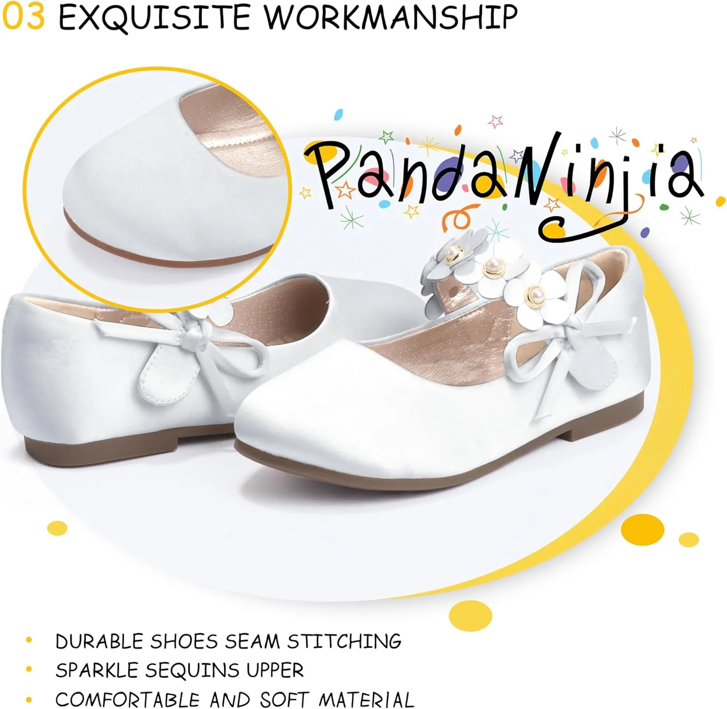 PANDANINJIA Toddler Girls Dress Shoes Flower Girl Flats Pearls Bow Mary Jane Wedding Party Flora Shoes