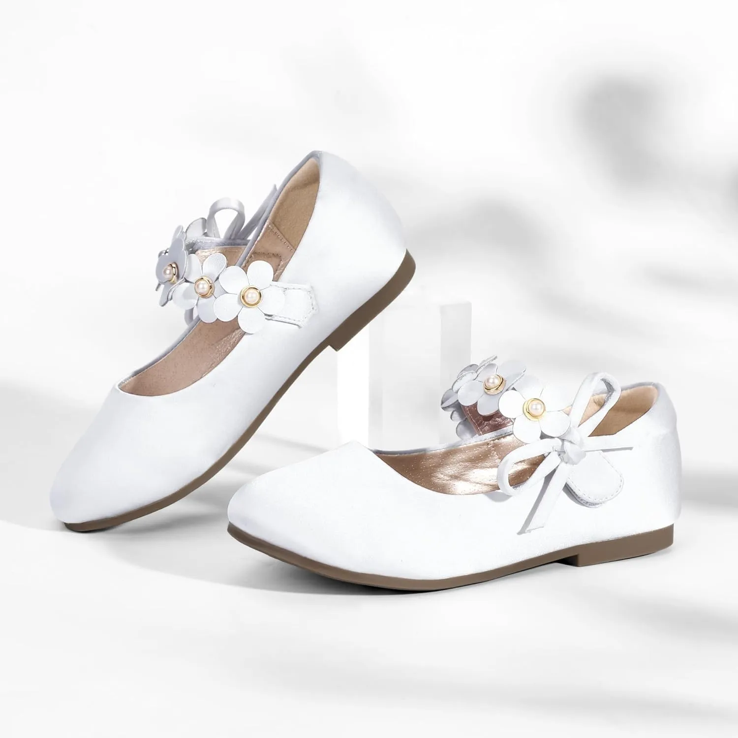 PANDANINJIA Toddler Girls Dress Shoes Flower Girl Flats Pearls Bow Mary Jane Wedding Party Flora Shoes