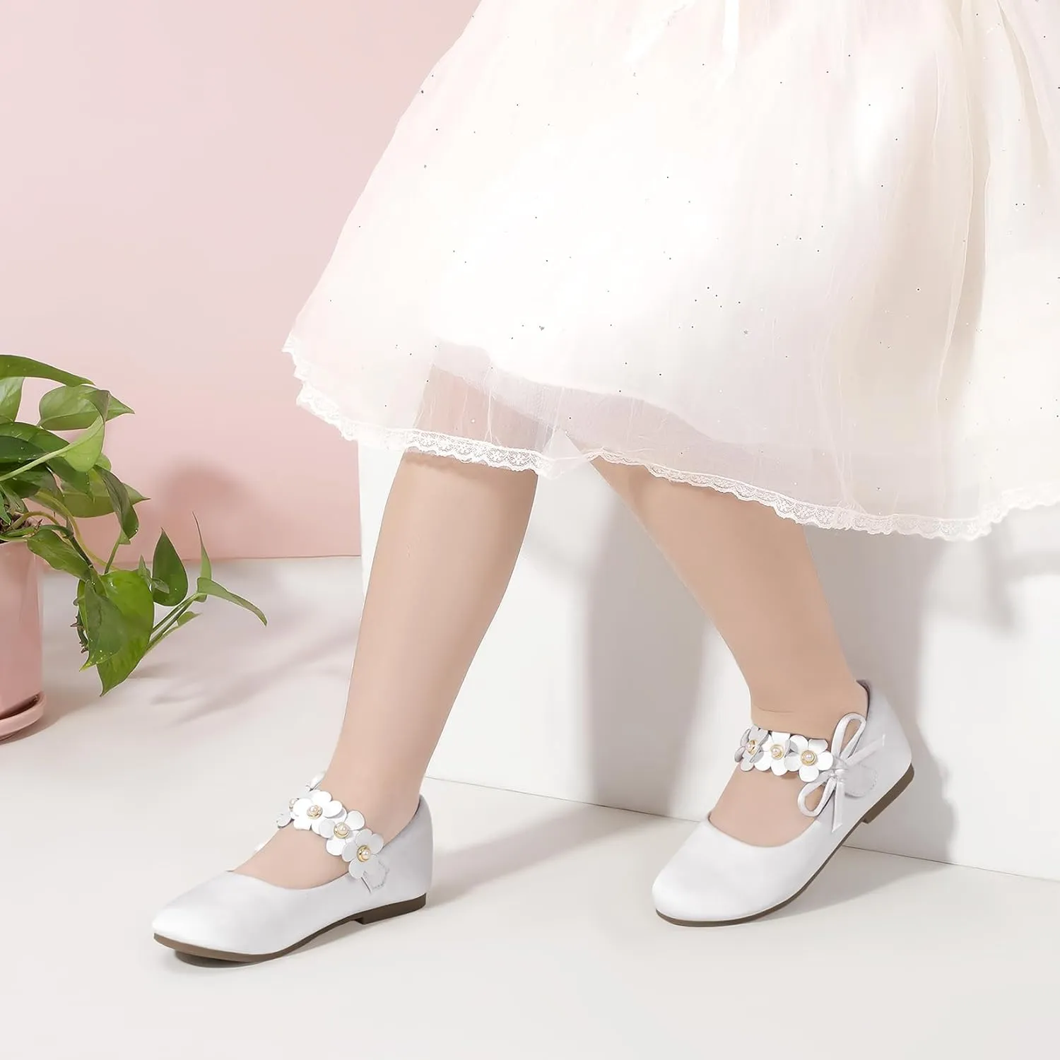 PANDANINJIA Toddler Girls Dress Shoes Flower Girl Flats Pearls Bow Mary Jane Wedding Party Flora Shoes