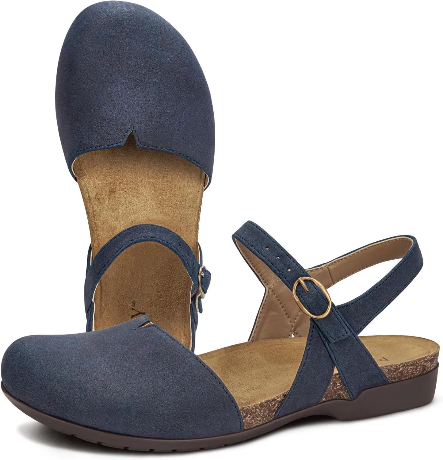 PARTY Closed Toe Sandals Women, Barefoot Arch Support Flat Sandals for Office Work and Travel with Comfortable Cork Footbed