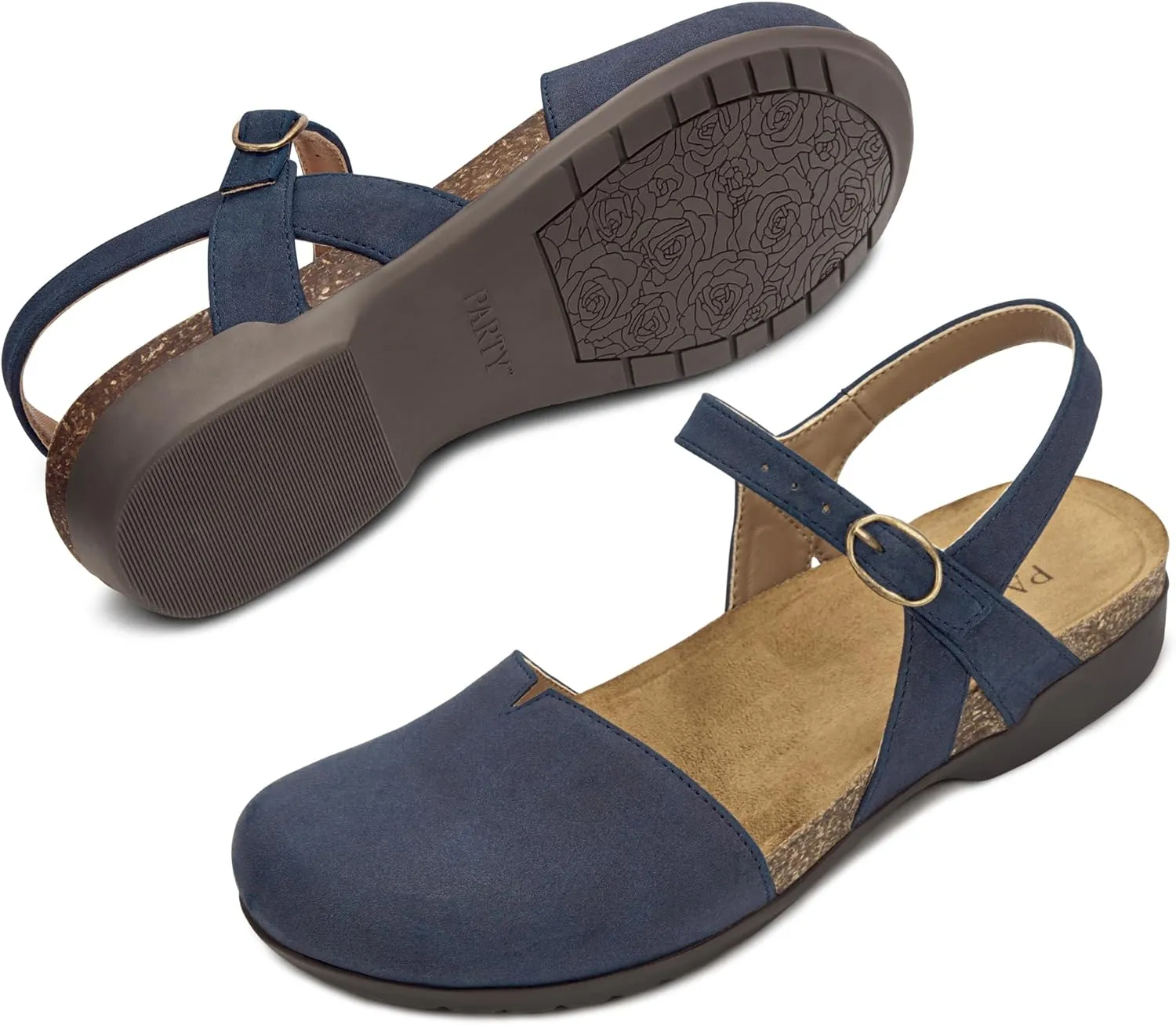 PARTY Closed Toe Sandals Women, Barefoot Arch Support Flat Sandals for Office Work and Travel with Comfortable Cork Footbed