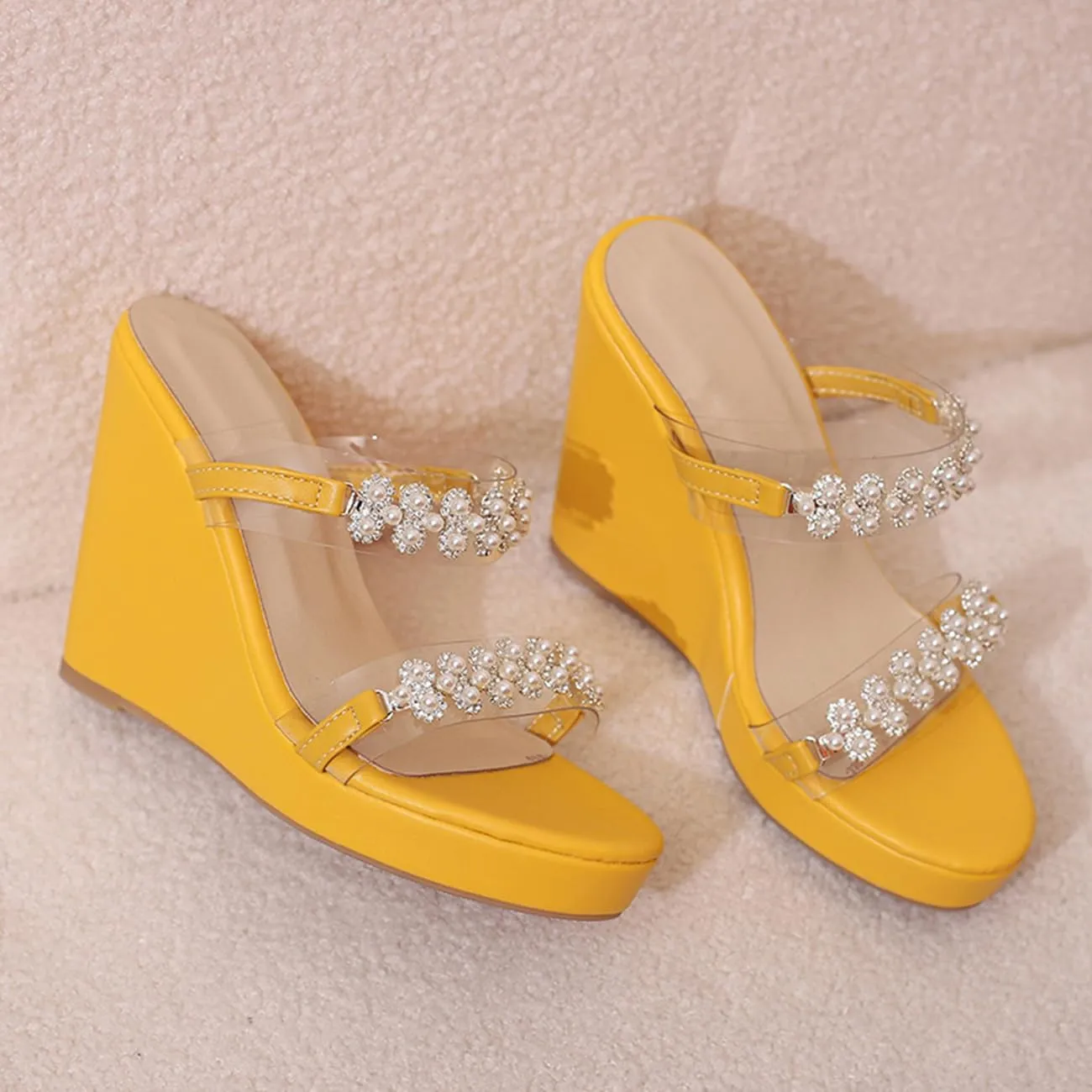 Pearl Wedge Heels for Women Clear Chunky Heel Sandals Two Strap Round Toe Sandals US3-13.5