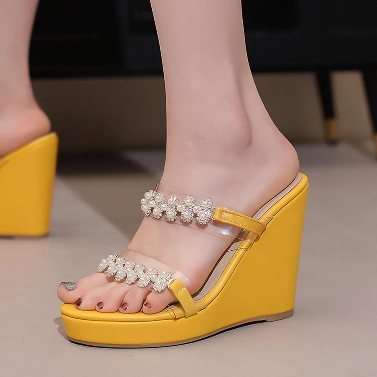 Pearl Wedge Heels for Women Clear Chunky Heel Sandals Two Strap Round Toe Sandals US3-13.5
