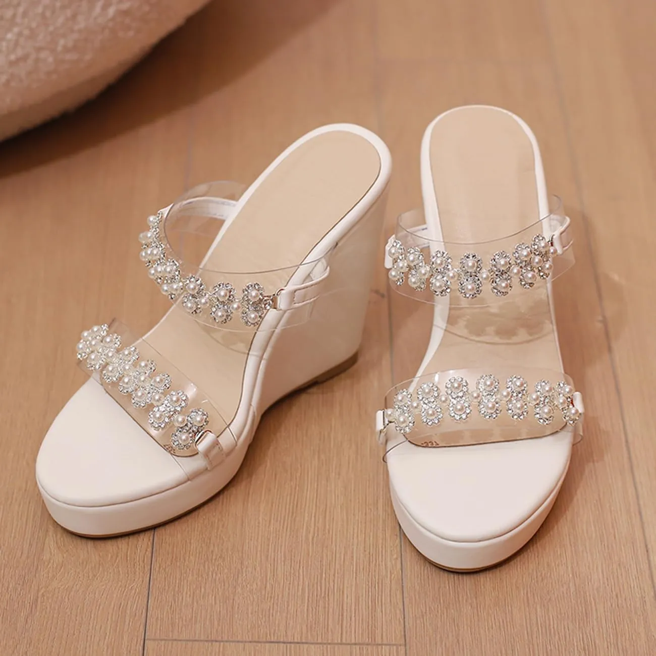 Pearl Wedge Heels for Women Clear Chunky Heel Sandals Two Strap Round Toe Sandals US3-13.5