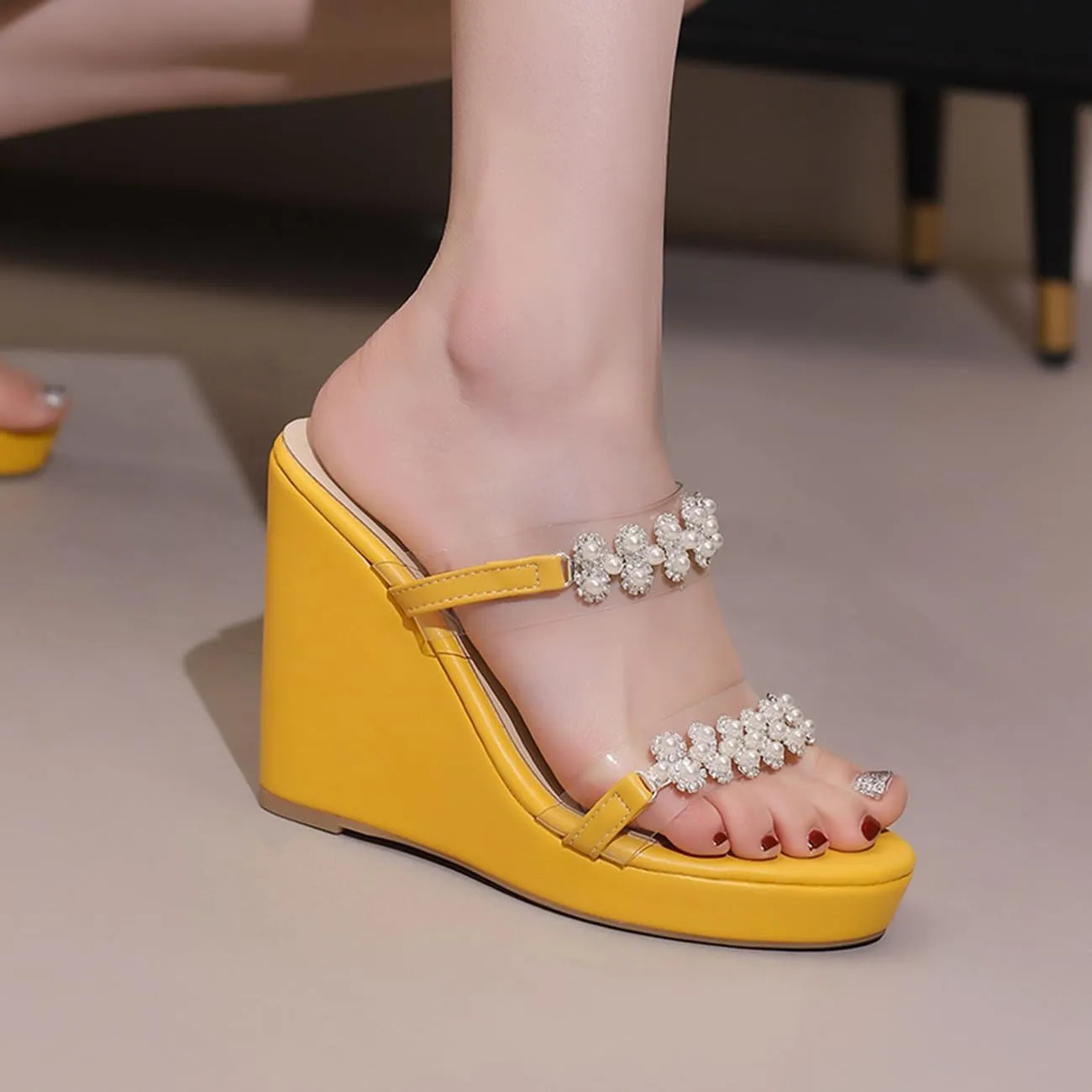 Pearl Wedge Heels for Women Clear Chunky Heel Sandals Two Strap Round Toe Sandals US3-13.5