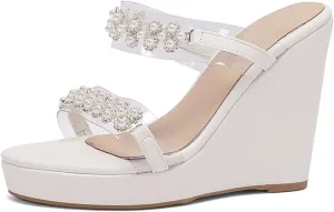 Pearl Wedge Heels for Women Clear Chunky Heel Sandals Two Strap Round Toe Sandals US3-13.5