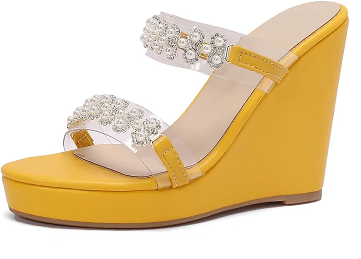 Pearl Wedge Heels for Women Clear Chunky Heel Sandals Two Strap Round Toe Sandals US3-13.5