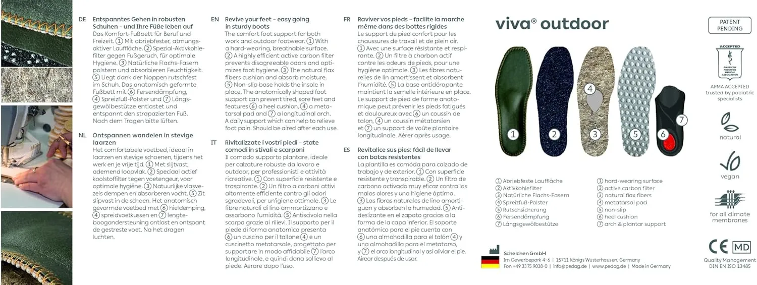 pedag Viva Outdoor | Made in Germany | Hiking Arch Support, Metatarsal Pad & Heel Cushion | Breathable Vegan Leather Insoles | Semi-Rigid | Prevents Foot Odor & Relieves Tired Feet. Size US M11/EU44