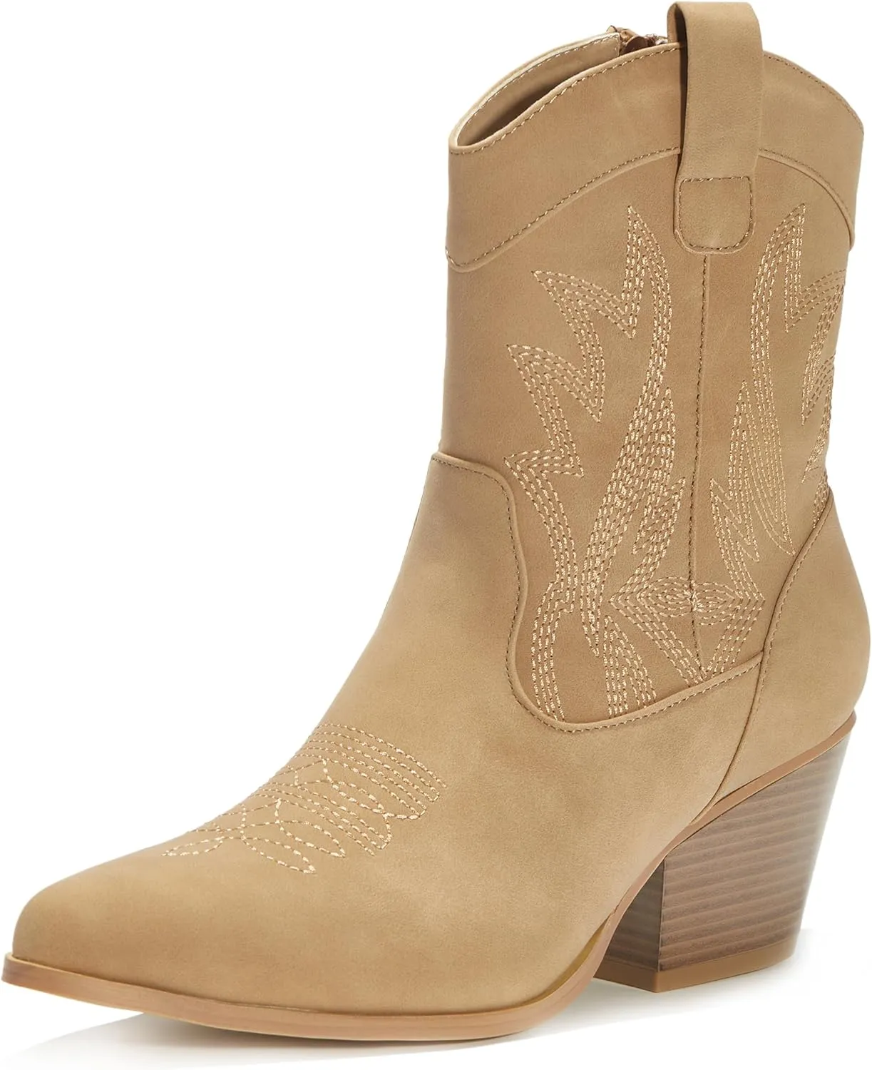 PEPPEP Western Cowgirl Cowboy Ankle Boots for Women or Ladies, Mid Calf, Vegan Leather Embroidered Upper, Low Heel, Fashionable Pointed-toe, Well Made