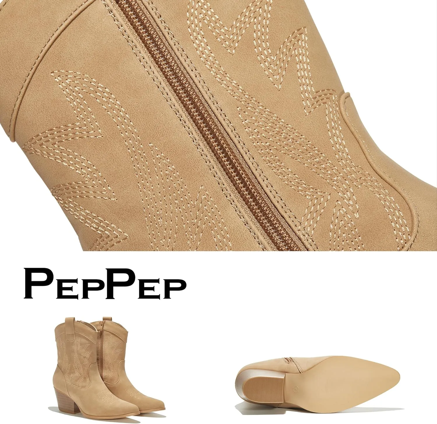 PEPPEP Western Cowgirl Cowboy Ankle Boots for Women or Ladies, Mid Calf, Vegan Leather Embroidered Upper, Low Heel, Fashionable Pointed-toe, Well Made