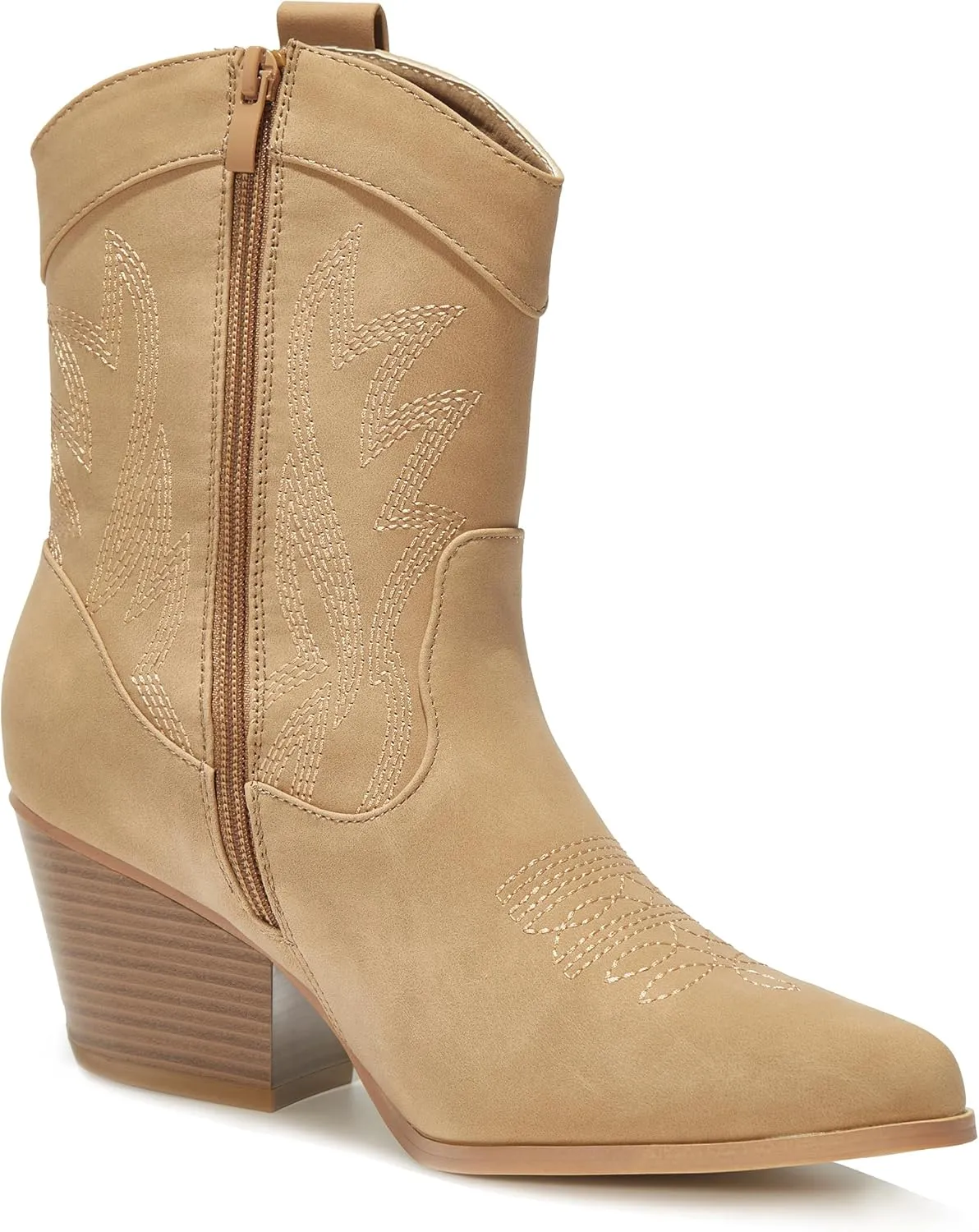 PEPPEP Western Cowgirl Cowboy Ankle Boots for Women or Ladies, Mid Calf, Vegan Leather Embroidered Upper, Low Heel, Fashionable Pointed-toe, Well Made