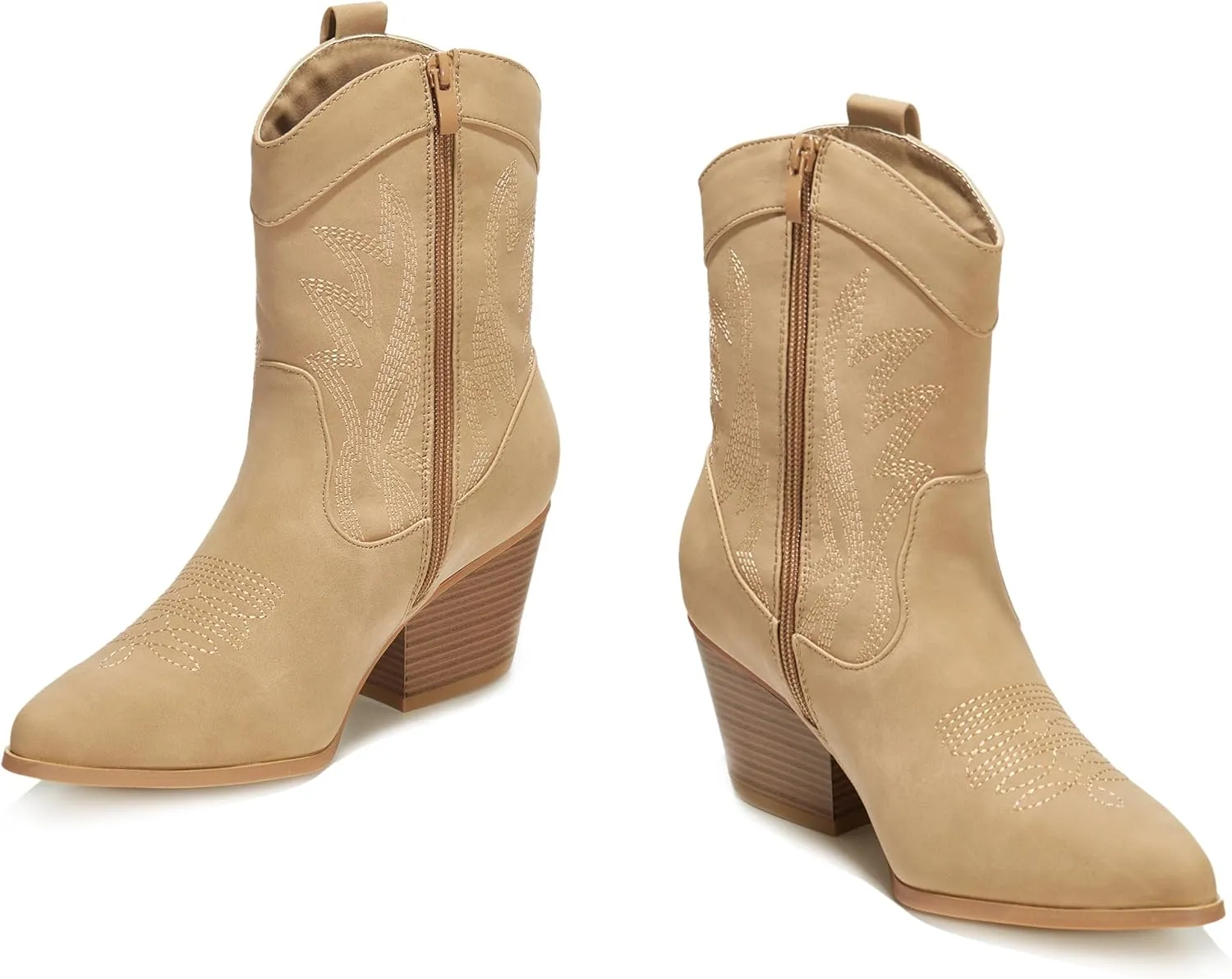 PEPPEP Western Cowgirl Cowboy Ankle Boots for Women or Ladies, Mid Calf, Vegan Leather Embroidered Upper, Low Heel, Fashionable Pointed-toe, Well Made
