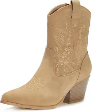 PEPPEP Western Cowgirl Cowboy Ankle Boots for Women or Ladies, Mid Calf, Vegan Leather Embroidered Upper, Low Heel, Fashionable Pointed-toe, Well Made