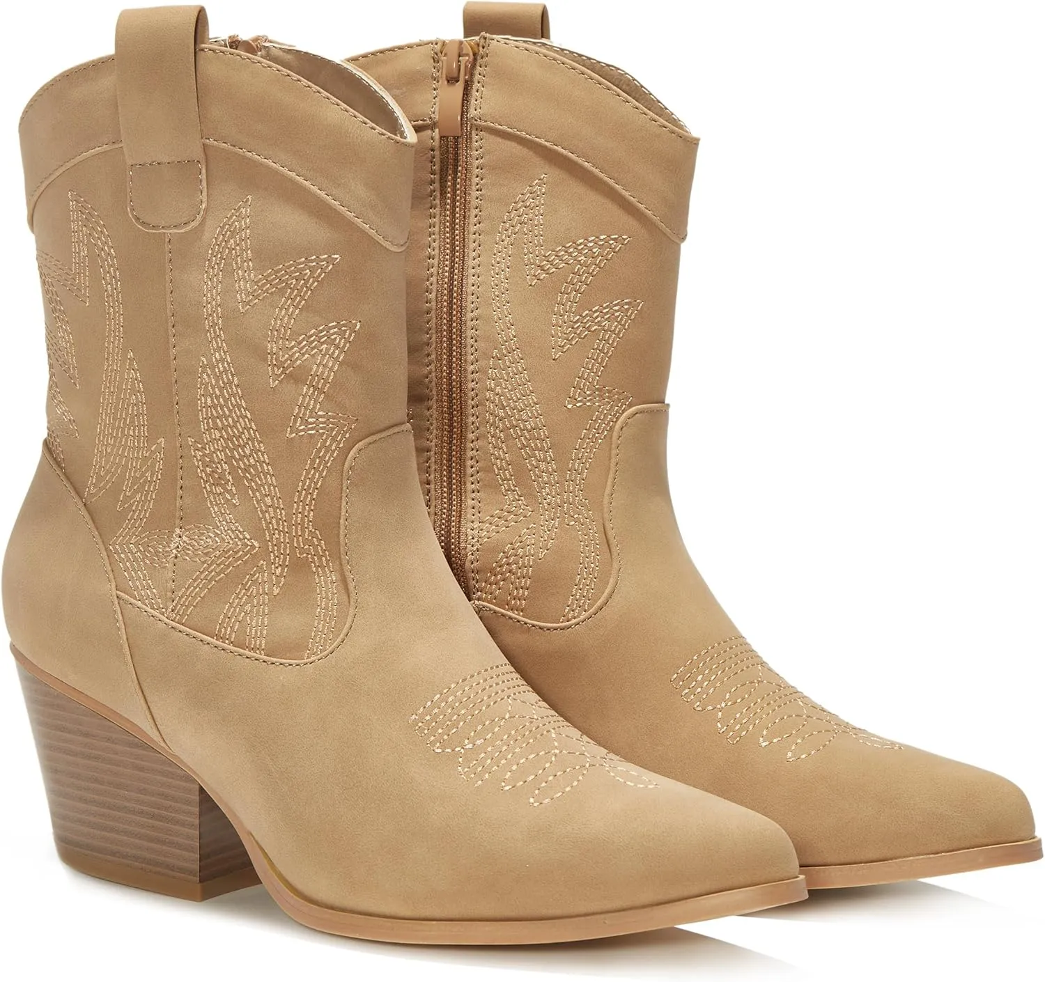 PEPPEP Western Cowgirl Cowboy Ankle Boots for Women or Ladies, Mid Calf, Vegan Leather Embroidered Upper, Low Heel, Fashionable Pointed-toe, Well Made