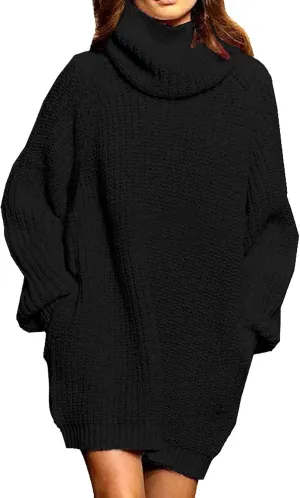 Pink Queen Women's Loose Turtleneck Oversize Long Pullover Sweater Dress