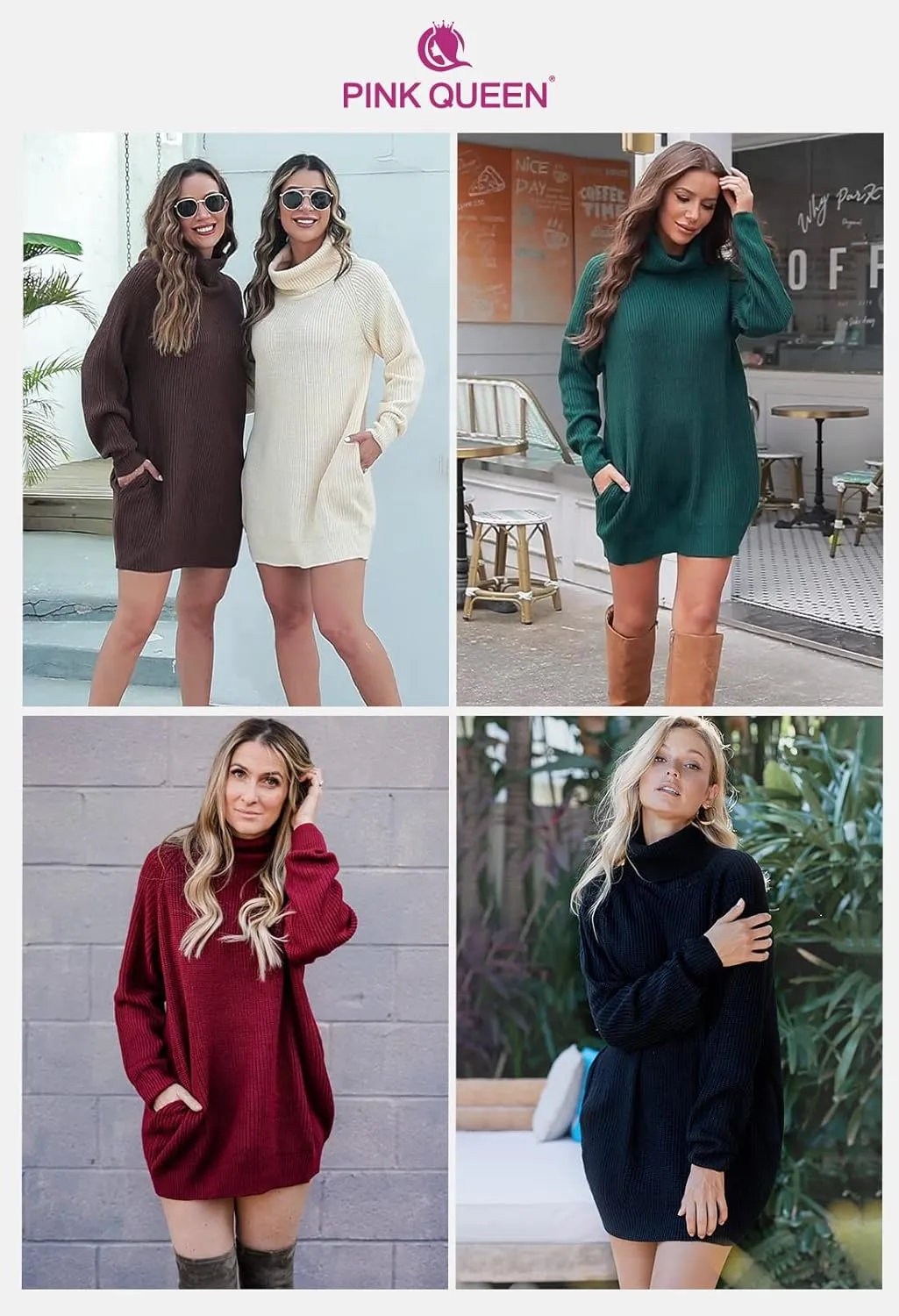 Pink Queen Women's Loose Turtleneck Oversize Long Pullover Sweater Dress