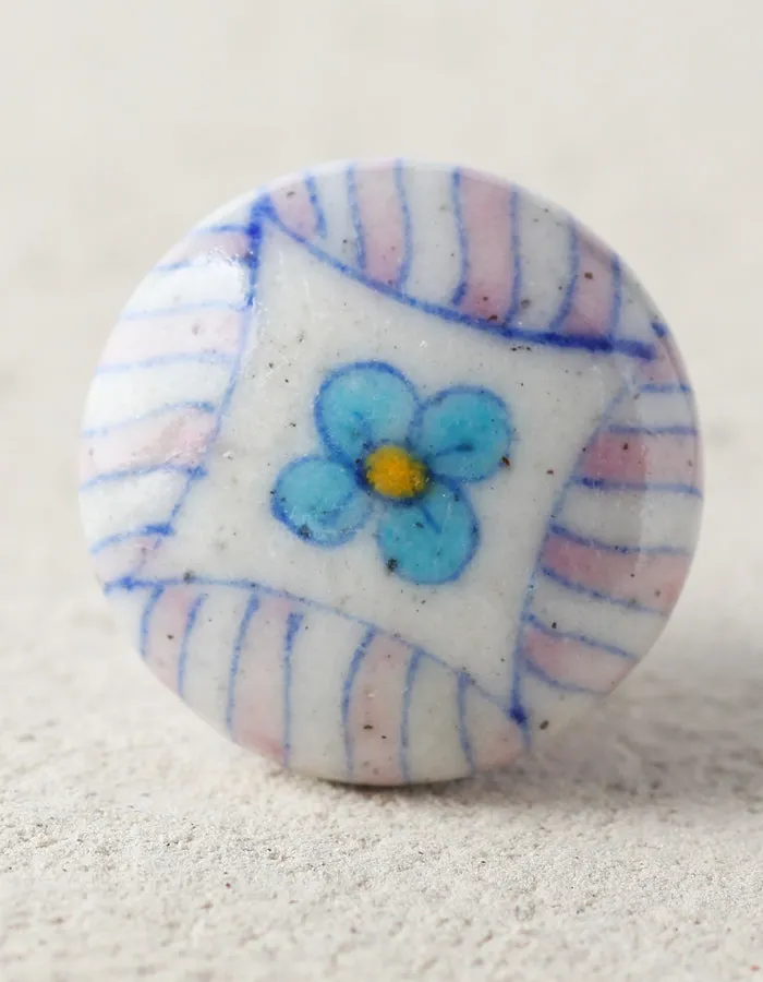 Pink Stripes On White Ceramic Blue Pottery Dresser Cabinet Knob