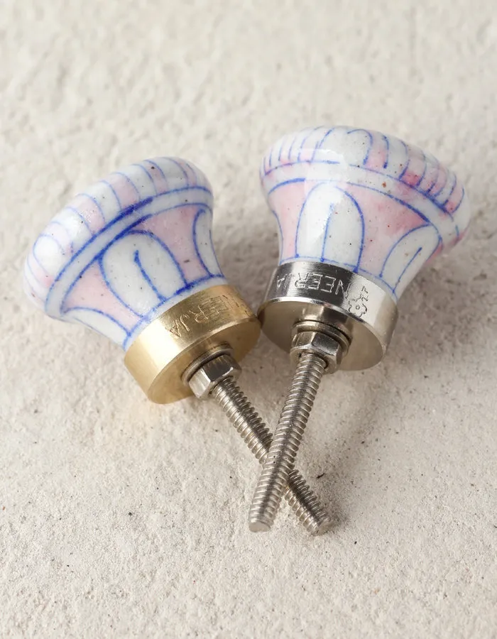 Pink Stripes On White Ceramic Blue Pottery Dresser Cabinet Knob
