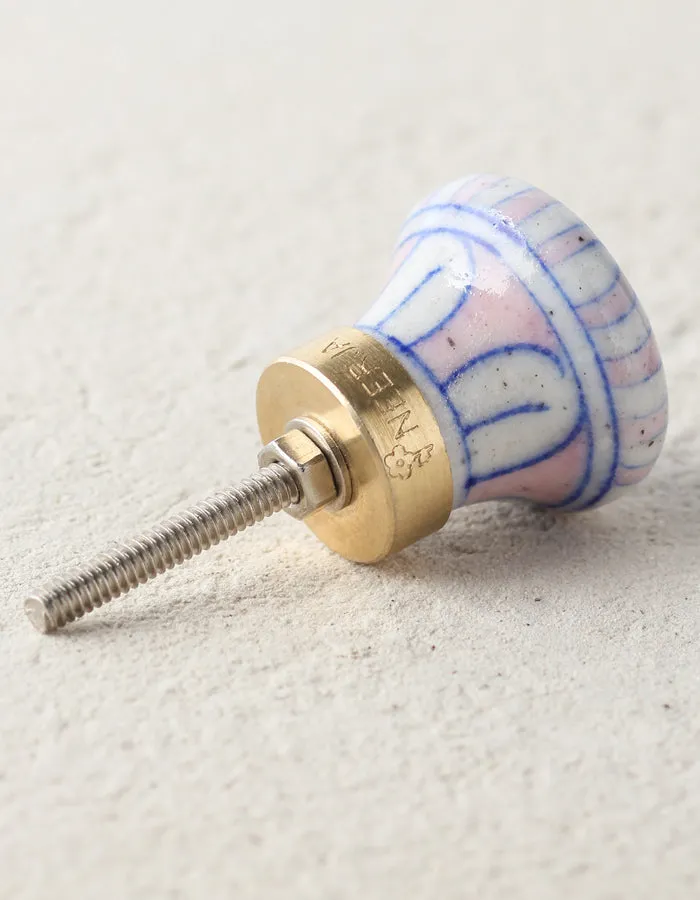 Pink Stripes On White Ceramic Blue Pottery Dresser Cabinet Knob