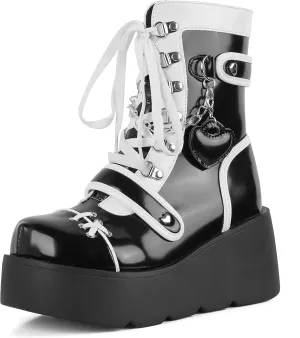 Platform Ankle boots for Women Goth Rave Boots Kawaii Shoes High Heel Round Toe Zipper Wedges Mid Calf Booties