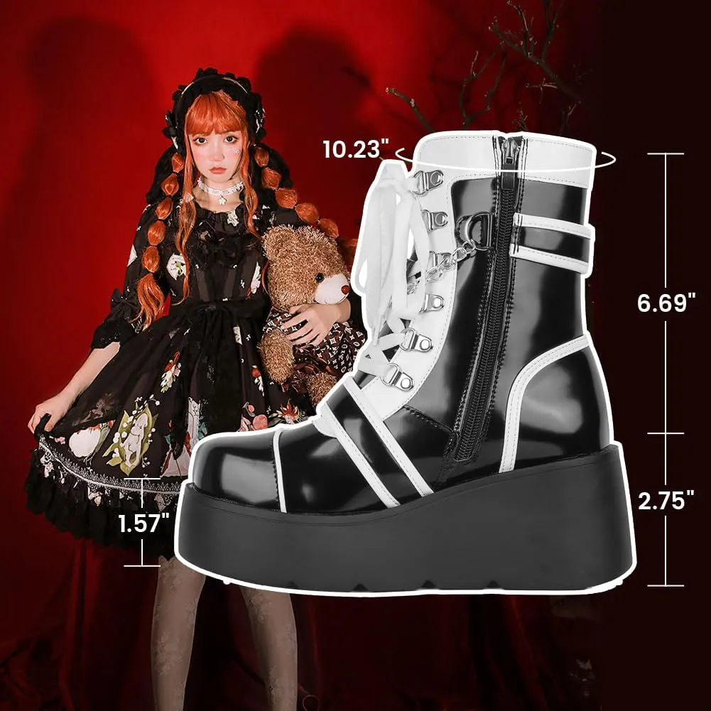 Platform Ankle boots for Women Goth Rave Boots Kawaii Shoes High Heel Round Toe Zipper Wedges Mid Calf Booties