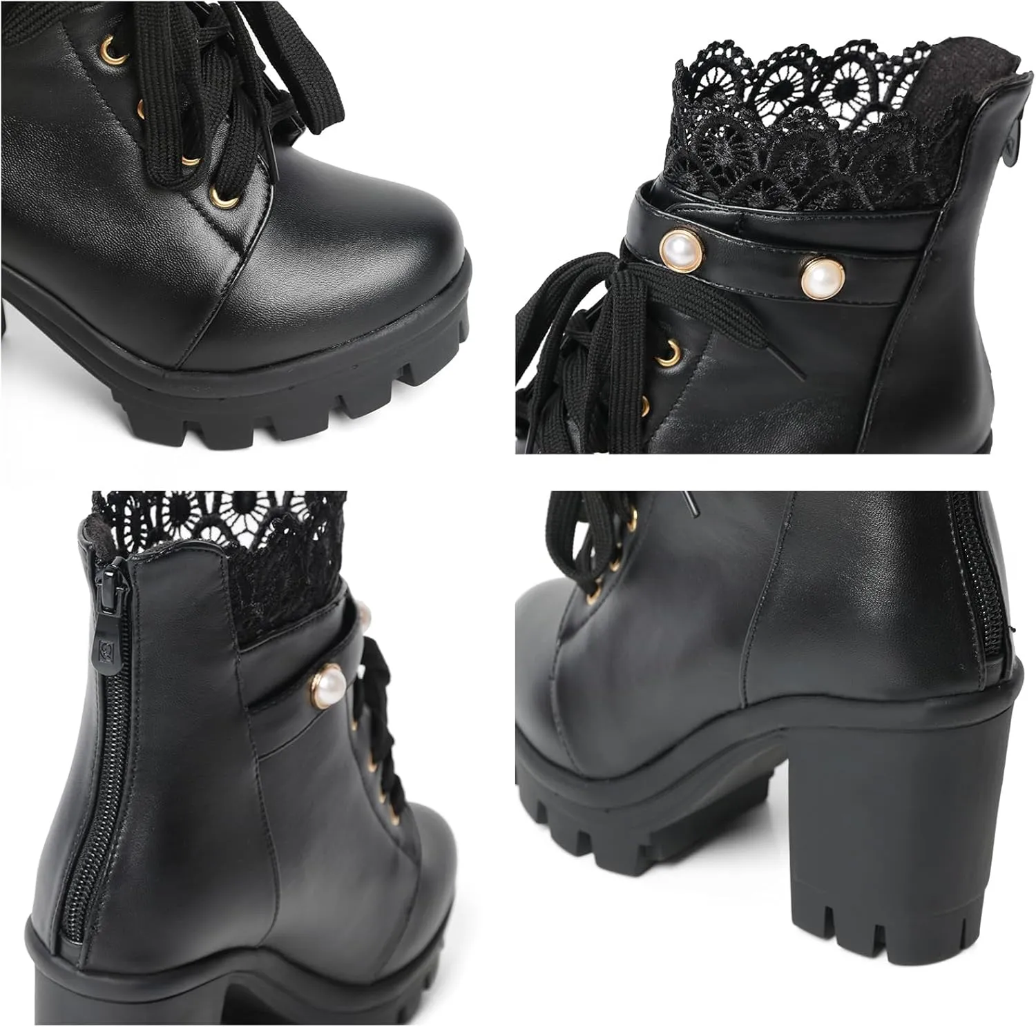 Platform Boots For Women Black Chunky Boot Goth Ankle Booties Bead Lace Lolita Dress Shoes With Zipper